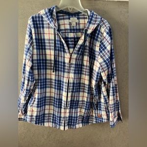 LL Bean Jacket womens XL Blue Plaid Flannel Full Zip Hooded Pockets Relaxed